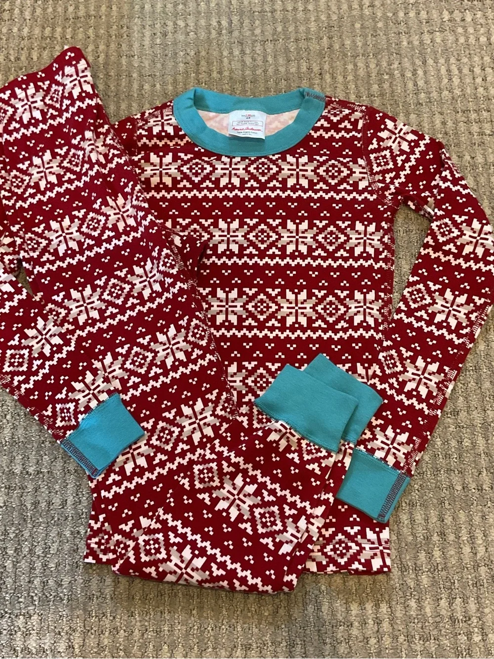 Hanna Andersson cotton long John Red Fair Isle Pajama Set with Teal Trim 8 130